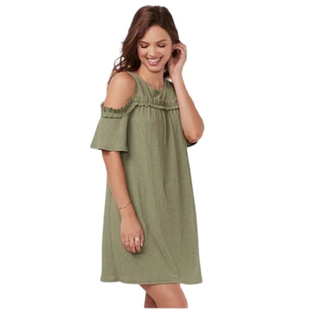 Andree by Unit Plus Size 1X Cold Shoulder Dress Green Ruffle Keyhole Back EUC